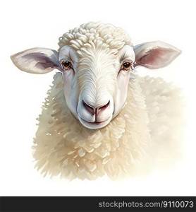 Watercolor Children Book Illustrations, Cute Sheep Lamb face portrait illustration on white background, created with Generative AI technology  