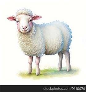 Watercolor Children Book Illustrations, Cute Sheep Lamb full body standing with white background, created with Generative AI technology