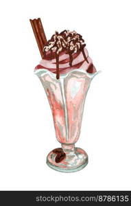 Watercolor chocolad ice cream in a glass. Hand drawn sundae Illustration with chocolate stick and cream on top. Watercolor chocolad ice cream in a glass. Hand drawn sundae Illustration with chocolate stick and cream on top.