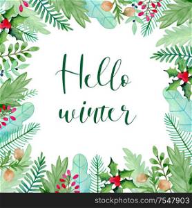 Watercolor Christmas and new year greeting card with evergreen plants, green branches and leaves. Decorative winter hand drawn floral frame