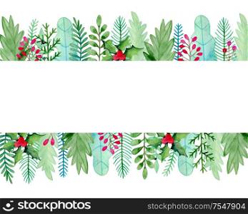 Watercolor Christmas and new year greeting card with evergreen plants, green branches and leaves. Decorative winter hand drawn floral background