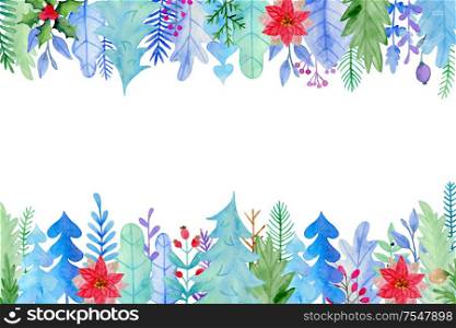 Watercolor Christmas and new year greeting card with flowers and leaves. Decorative winter hand drawn floral background