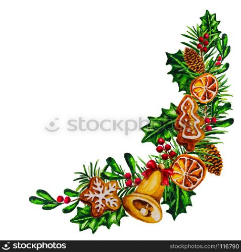 Watercolor Christmas arrangement with gingerbread, dried citrus slices, wooden jingle bell isolated on the white background