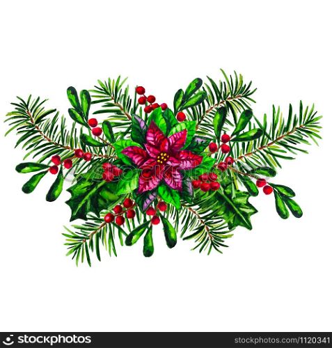 Watercolor Christmas arrangement with red Poinsettia plant isolated on the white background