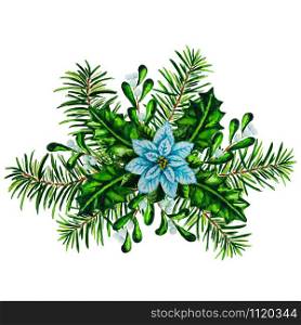Watercolor Christmas arrangement with white Poinsettia plant and holly isolated on the white background