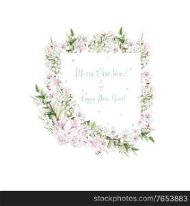 Watercolor christmas card with flowers and berries. Illustration. Watercolor christmas card with flowers and berries.
