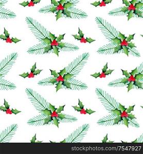 Watercolor Christmas floral seamless pattern with holly and fir tree on a white background.