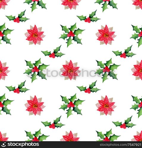 Watercolor Christmas floral seamless pattern with holly and poinsettia flowers on a white background.