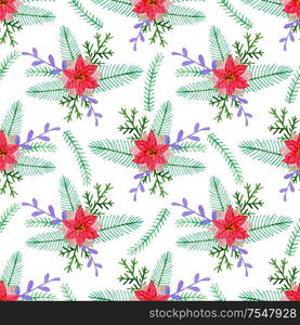 Watercolor Christmas floral seamless pattern with red poinsettia flowers and fir tree on a white background.