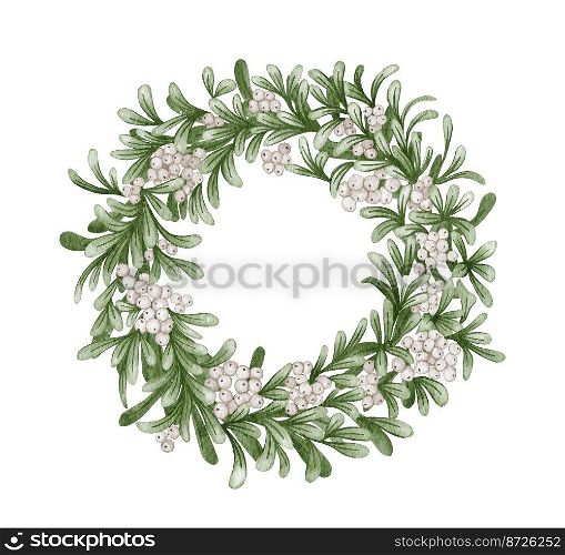 Watercolor Christmas floral wreath. Botanical frame with traditional plants decor  mistletoe, eucalyptus leaves and white berries. Holiday illustration isolated on white background. Watercolor Christmas floral wreath. Botanical frame with traditional plants decor  mistletoe, eucalyptus leaves and white berries. Holiday illustration isolated on white background.