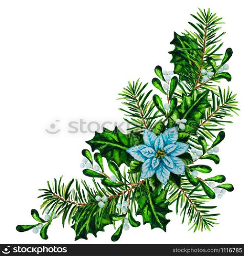 Watercolor Christmas garland arrangement with white Poinsettia plant and holly isolated on the white background