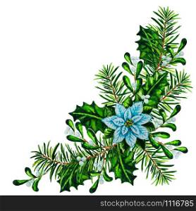 Watercolor Christmas garland arrangement with white Poinsettia plant and holly isolated on the white background