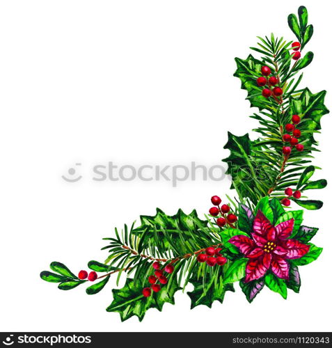 Watercolor Christmas garland with red Poinsettia plant isolated on the white background