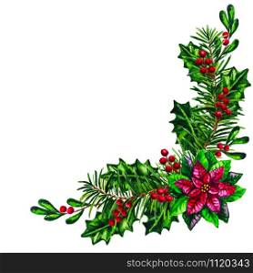 Watercolor Christmas garland with red Poinsettia plant isolated on the white background