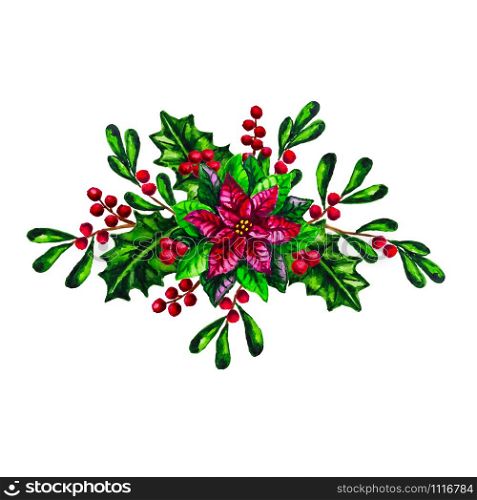 Watercolor Christmas greenery with red Poinsettia plant isolated on the white background
