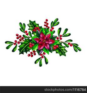 Watercolor Christmas greenery with red Poinsettia plant isolated on the white background