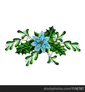 Watercolor Christmas greenery with white Poinsettia plant and holly isolated on the white background