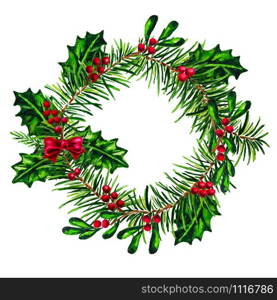 Watercolor Christmas Holly wreath with red berries and bow isolated on the white background