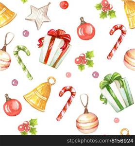 Watercolor Christmas seamless pattern with sugar cane, bells and Christmas balls. Hand painted holiday elements isolated on white background. Illustration for design, print, fabric and background.. Seamless pattern Christmas candies and gifts watercolor