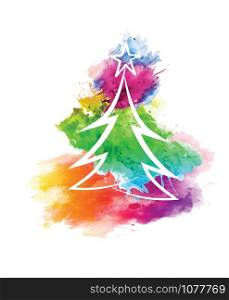 Watercolor Christmas tree decorated with star decoration winter pine tree colorful on white background / Merry Christmas and a happy new year , vector illustration
