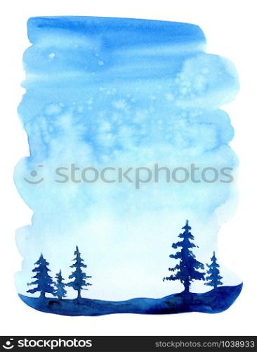 Watercolor christmas winter landscape with snow and trees. Treescape with pine and fir. Illustration landscape for print, texture, wallpaper, greeting card. Blue color. Beautiful nature watercolour.. Watercolor christmas winter landscape with snow and trees. Treescape with pine and fir. Illustration landscape for print, texture, wallpaper, greeting card. Blue color. Beautiful nature watercolour