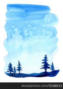 Watercolor christmas winter landscape with snow and trees. Treescape with pine and fir. Illustration landscape for print, texture, wallpaper, greeting card. Blue color. Beautiful nature watercolour.. Watercolor christmas winter landscape with snow and trees. Treescape with pine and fir. Illustration landscape for print, texture, wallpaper, greeting card. Blue color. Beautiful nature watercolour