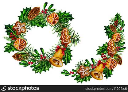 Watercolor Christmas wreath and arrangement with gingerbread, dried citrus slices, wooden jingle bell isolated on the white background