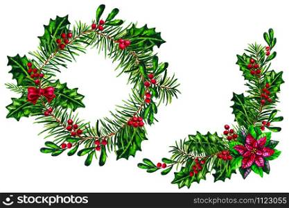 Watercolor Christmas wreath and arrangement with red Poinsettia plant isolated on the white background