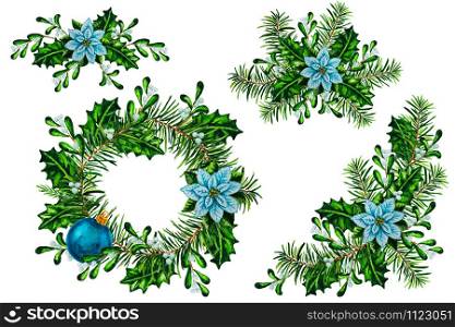 Watercolor Christmas wreath, garland and arrangement with white Poinsettia plant, blue ornament, fir branch and holly, isolated on the white background