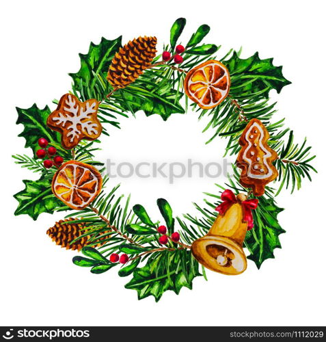 Watercolor Christmas wreath with cones, mistletoe, gingerbread, dried citrus slices, wooden jingle bell isolated on the white background