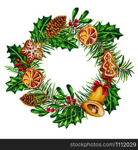 Watercolor Christmas wreath with cones, mistletoe, gingerbread, dried citrus slices, wooden jingle bell isolated on the white background