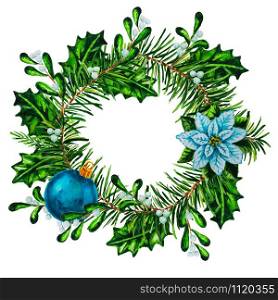 Watercolor Christmas wreath with white Poinsettia plant, blue ornament and holly isolated on the white background