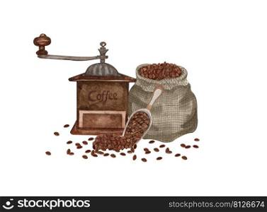 Watercolor coffee set. Coffee beans, vintage coffeemaker. Hand drawn coffee composition. Breakfast aesthetics. cards, logo, menu, designe.