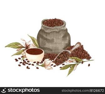 Watercolor coffee set. Coffee beans, vintage coffeemaker, plant, pot. Hand drawn coffee composition. Breakfast aesthetics. cards, logo, menu, designe.