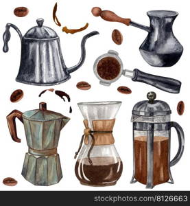 Watercolor coffee set. Coffee beans, vintage coffeemaker, tea pot. Hand drawn coffee composition. Breakfast aesthetics. cards, logo, menu, designe.