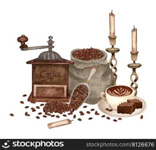 Watercolor coffee set. Coffee beans, vintage coffeemaker, tea pot. Hand drawn coffee composition. Breakfast aesthetics. cards, logo, menu, designe.