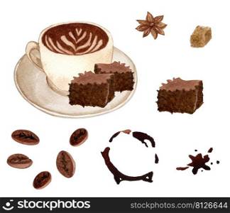 Watercolor coffee set with different hot drinks. latte, cappuccino, hot chocolate, caramel macciato with cinnamon and chocolate brownie isolated on white background.. Watercolor coffee set with different hot drinks. latte, cappuccino, hot chocolate, caramel macciato with cinnamon and chocolate brownie isolated