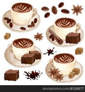 Watercolor coffee set with different hot drinks. latte, cappuccino, hot chocolate, caramel macciato with cinnamon and chocolate brownie isolated on white background.