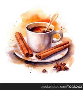 Watercolor coffee with cinnamon. Illustration Generative AI