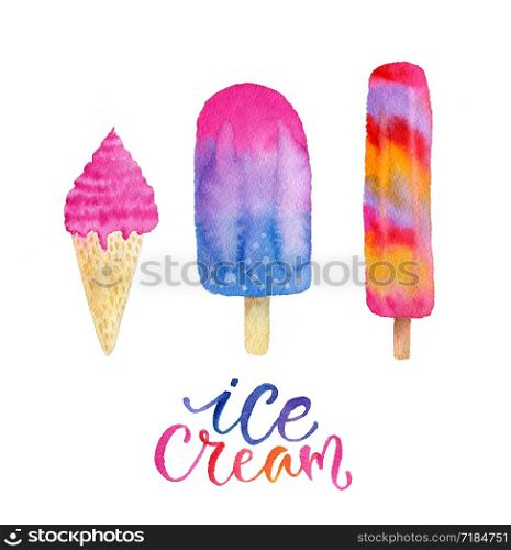 Watercolor collection of colorful ice cream. Bright set for summer print design. Watercolor collection of colorful ice cream. Bright set for summer print design.