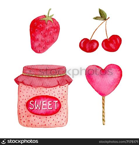 Watercolor collection with strawberry, cherry, candy and jam. Isolated sweets design elements for labels, stickers or greeting cards. Summer prints design.. Watercolor collection with strawberry, cherry, candy and jam. Isolated sweets design elements for labels, stickers or greeting cards. Summer prints design