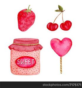 Watercolor collection with strawberry, cherry, candy and jam. Isolated sweets design elements for labels, stickers or greeting cards. Summer prints design.. Watercolor collection with strawberry, cherry, candy and jam. Isolated sweets design elements for labels, stickers or greeting cards. Summer prints design