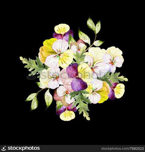 Watercolor colorful bouquet with pansy flowers. Illustration. Watercolor colorful bouquet with pansy flowers.