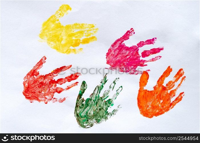 Watercolor colorful hand print on white background