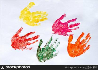 Watercolor colorful hand print on white background