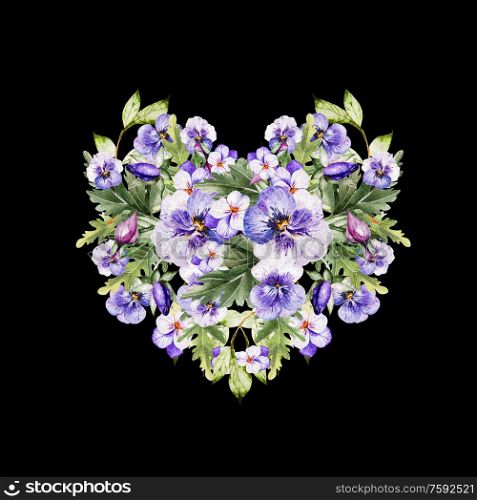 Watercolor colorful heart with pansy flowers. Illustration. Watercolor colorful heart with pansy flowers.