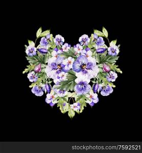 Watercolor colorful heart with pansy flowers. Illustration. Watercolor colorful heart with pansy flowers.