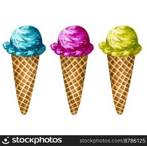 Watercolor colorful ice cream cones isolated on white background. Hand drawn set of dibberent flower ice creams in a waffle cone.. Watercolor colorful ice cream cones. Hand drawn set of dibberent flower ice creams in a waffle cone.