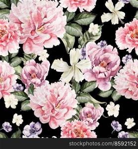 Watercolor colorful pattern with flowers peony, anemone. illustrations. Watercolor colorful pattern with flowers peony, anemone.