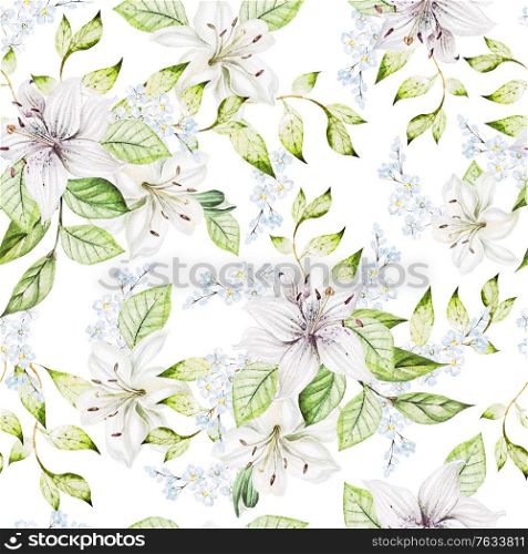 Watercolor colorful pattern with lily and flowers. Illustration. Watercolor colorful pattern with lily and flowers.